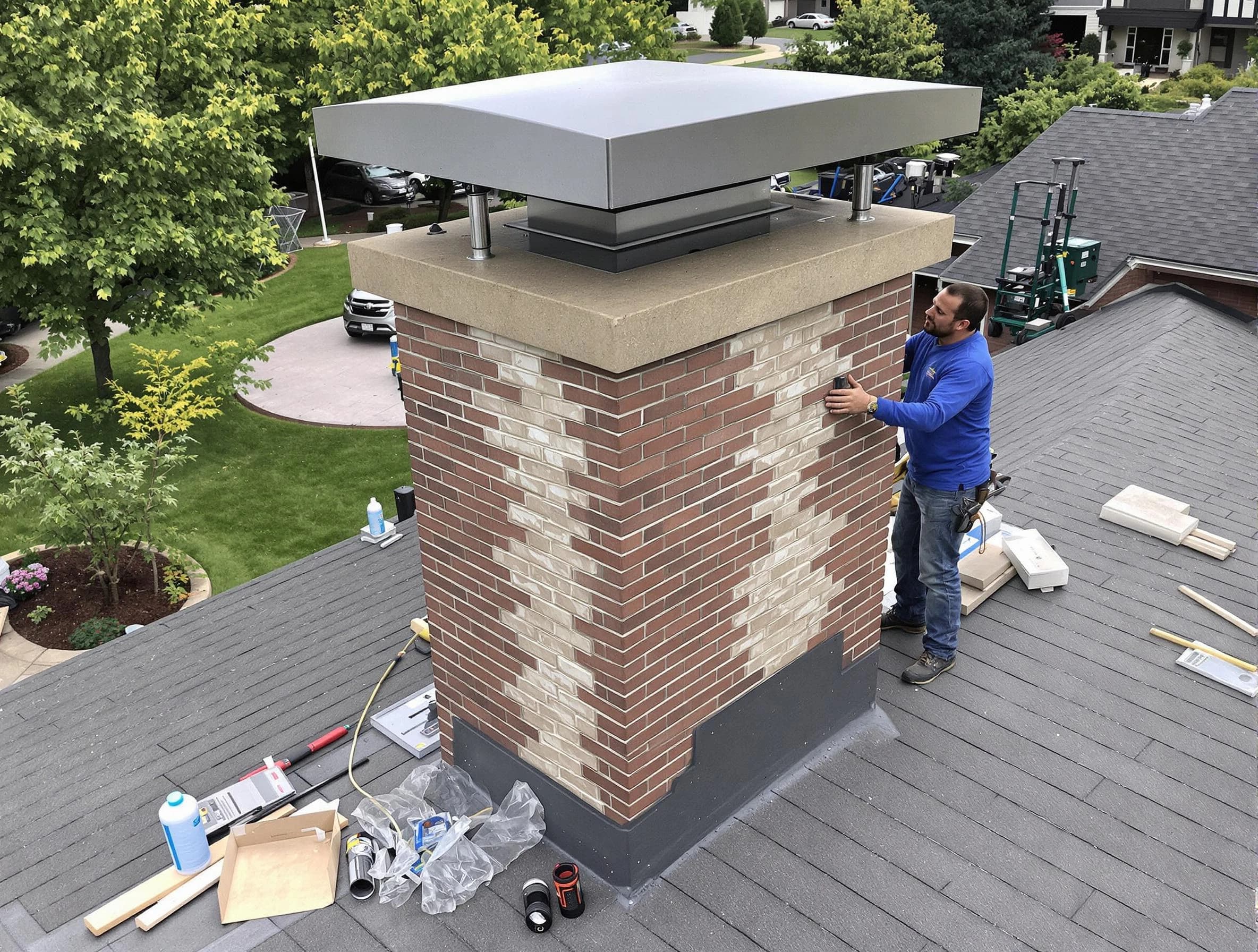 Hampton Chimney Sweep team working on a custom chimney remodel in Hampton, PA
