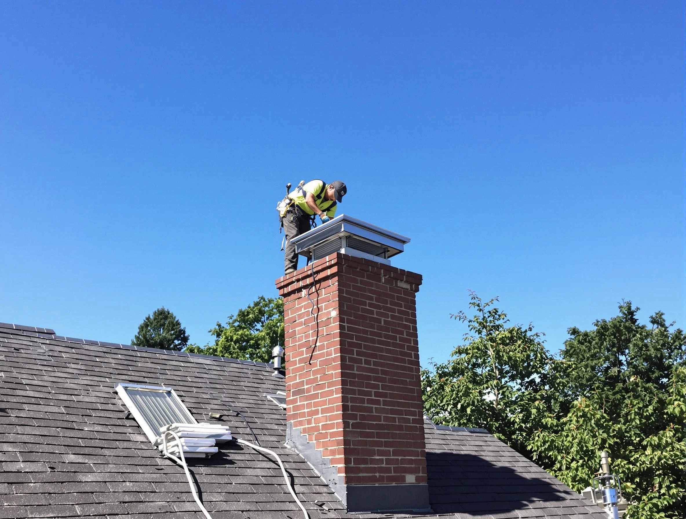 Hampton Chimney Sweep technician measuring a chimney cap in Hampton, PA